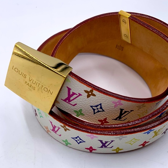 Auth Louis Vuitton Multicolor Monogram White Toile Ceinture Calle Belt 80/32 Ex+ - Picture 7 of 7